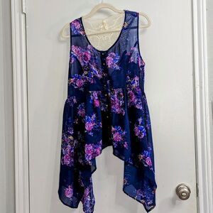 3/$25 True Destiny Crochet Babydoll Chiffon Flowy Swing Tank Blue/Purple Boho